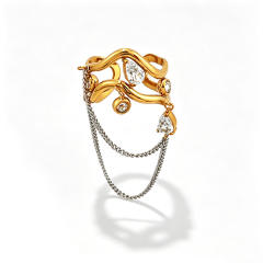 Unique wave shape line chain tassel rhinestone inlaid stainless steel rings
