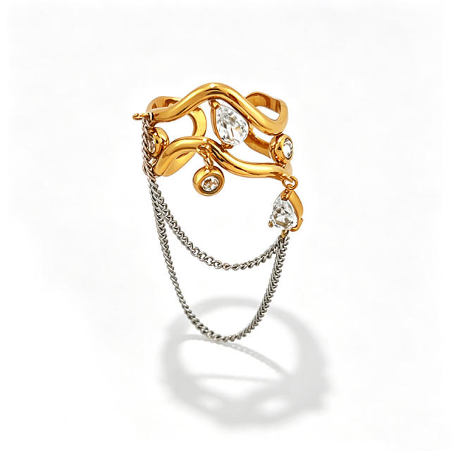 Unique wave shape line chain tassel rhinestone inlaid stainless steel rings