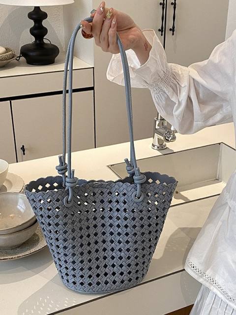 Fashionable Woven Basket Bag Hollow Design Single-Shoulder Tote Bag