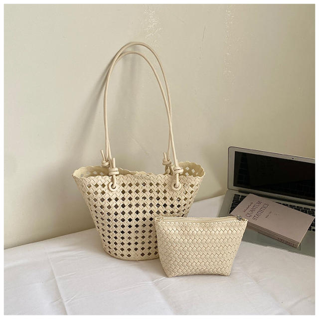 Fashionable Woven Basket Bag Hollow Design Single-Shoulder Tote Bag