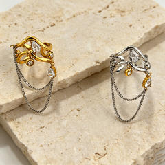 Unique wave shape line chain tassel rhinestone inlaid stainless steel rings