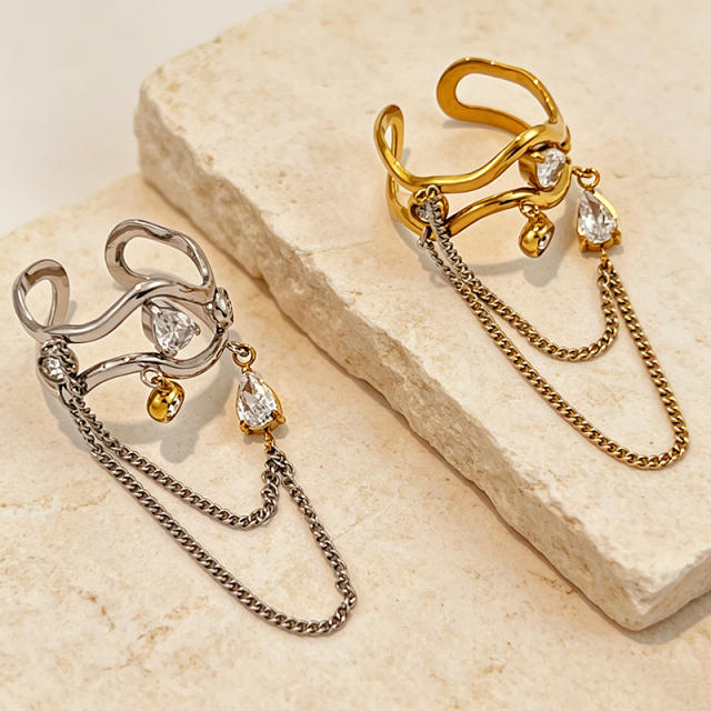 Unique wave shape line chain tassel rhinestone inlaid stainless steel rings