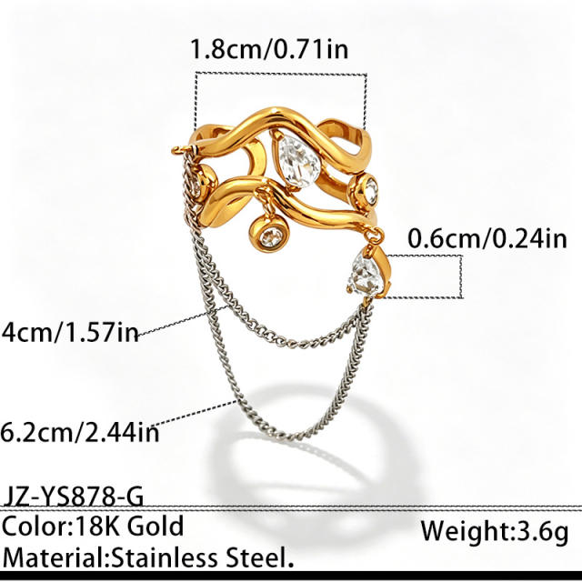 Unique wave shape line chain tassel rhinestone inlaid stainless steel rings