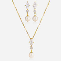 18KG horse eye diamond pearl bead stainless steel necklace earrings set wedding jewelry