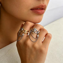 Unique wave shape line chain tassel rhinestone inlaid stainless steel rings