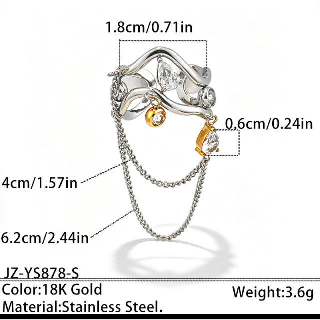 Unique wave shape line chain tassel rhinestone inlaid stainless steel rings