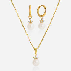 18KG easy match pearl bead stainless steel necklace earrings set wedding jewelry
