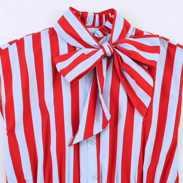 Women's Clothing French Style Bow Decorated Striped Sleeveless Shirt