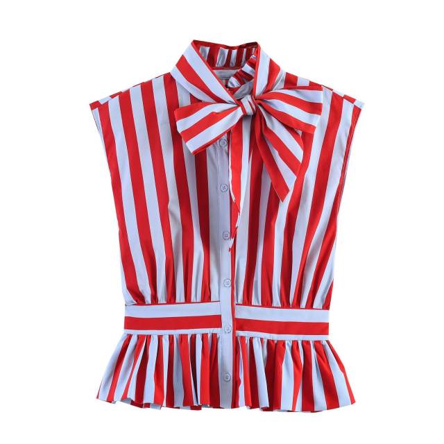 Women's Clothing French Style Bow Decorated Striped Sleeveless Shirt