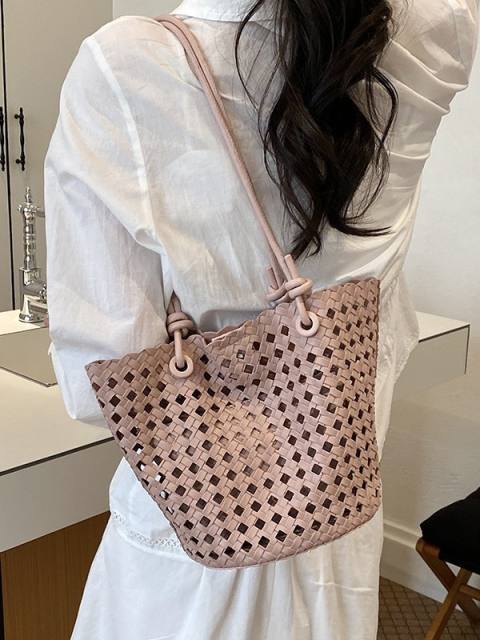 Fashionable Woven Basket Bag Hollow Design Single-Shoulder Tote Bag