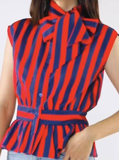 Women's Clothing French Style Bow Decorated Striped Sleeveless Shirt