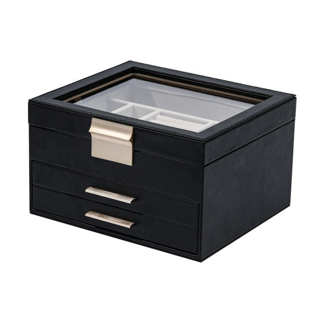 Jewelry box large-capacity three-layer PU window earrings ring necklace bracelet princess jewelry box storage