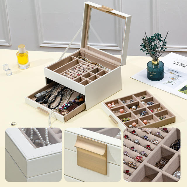 Jewelry box large-capacity three-layer PU window earrings ring necklace bracelet princess jewelry box storage