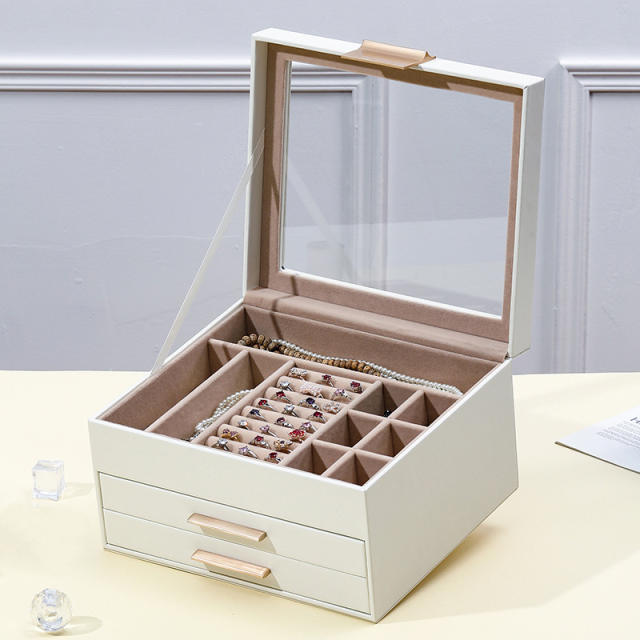 Jewelry box large-capacity three-layer PU window earrings ring necklace bracelet princess jewelry box storage