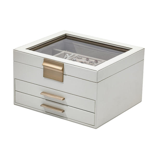 Jewelry box large-capacity three-layer PU window earrings ring necklace bracelet princess jewelry box storage