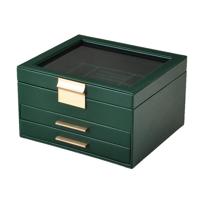 Jewelry box large-capacity three-layer PU window earrings ring necklace bracelet princess jewelry box storage