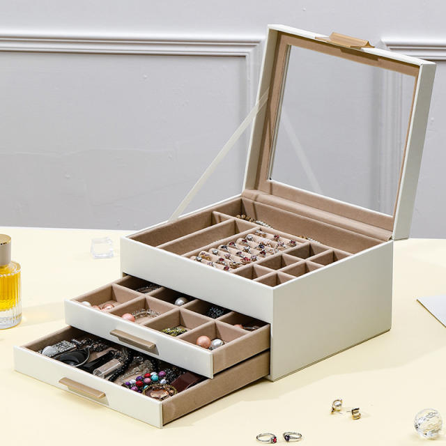 Jewelry box large-capacity three-layer PU window earrings ring necklace bracelet princess jewelry box storage