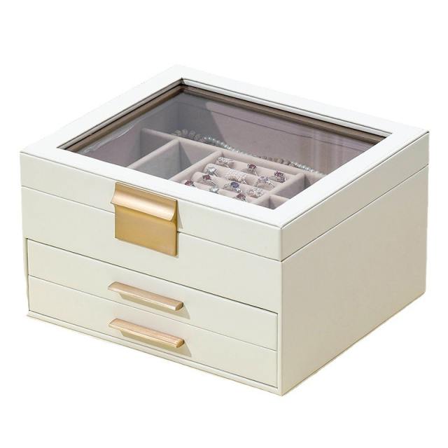 Jewelry box large-capacity three-layer PU window earrings ring necklace bracelet princess jewelry box storage