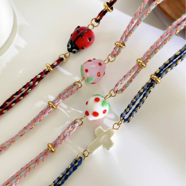 Fashionable Design Summer Dopamine Colorful Bracelet Ceramic Strawberry Cross Insect Pendant Women's Bracelet