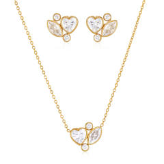 18KG diamond heart stainless steel necklace earrings set