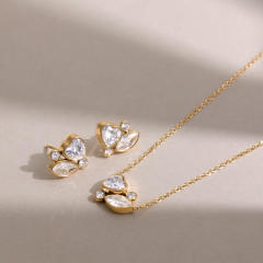 18KG diamond heart stainless steel necklace earrings set