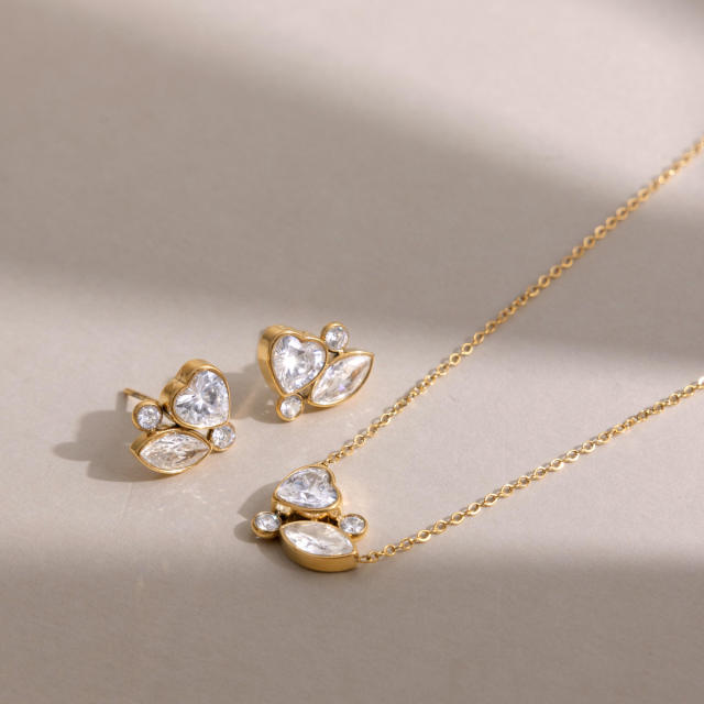 18KG diamond heart stainless steel necklace earrings set
