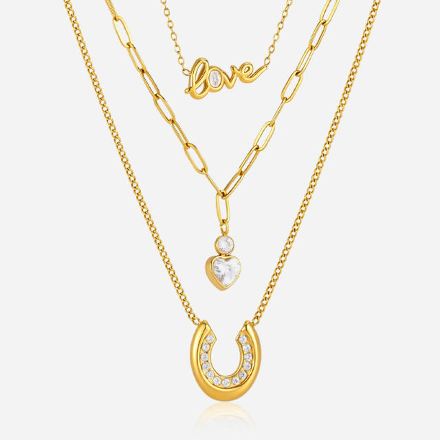 Dainty diamond heart LOVE letter stainless steel necklace stackable necklace