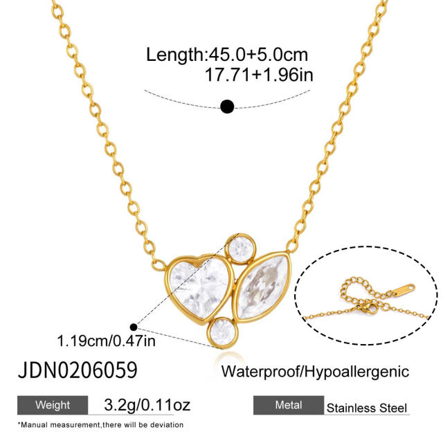 18KG diamond heart stainless steel necklace earrings set