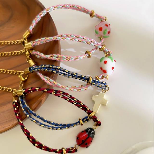 Fashionable Design Summer Dopamine Colorful Bracelet Ceramic Strawberry Cross Insect Pendant Women's Bracelet
