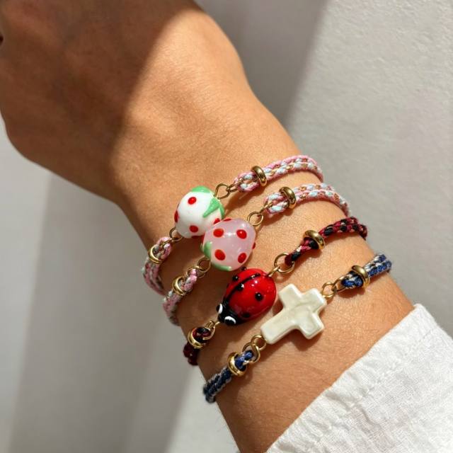 Fashionable Design Summer Dopamine Colorful Bracelet Ceramic Strawberry Cross Insect Pendant Women's Bracelet