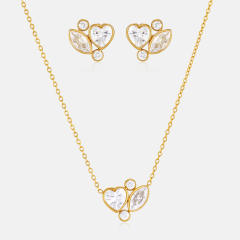 18KG diamond heart stainless steel necklace earrings set