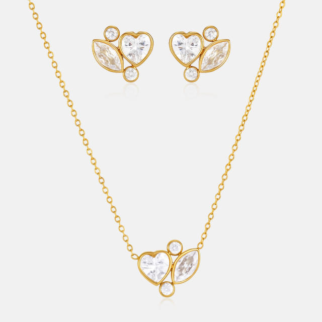 18KG diamond heart stainless steel necklace earrings set