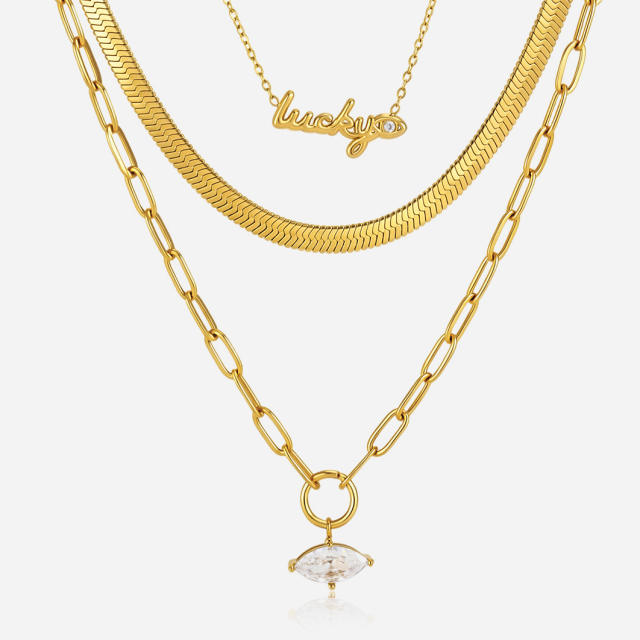 Dainty horse eye stone inlaid lucky letter stainless steel necklace stackable necklace