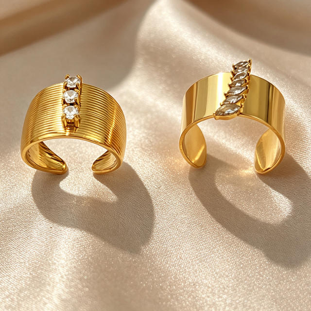 Vintage simple design cubic zircon inlaid wide stainless steel rings