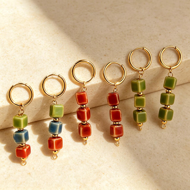 Holiday colorful ceramics square bead stainless steel earrings