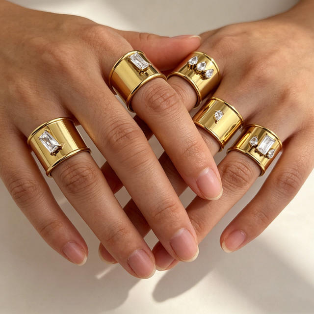 Punk trend smooth surface cubic zircon inlaid stainless steel rings wide rings