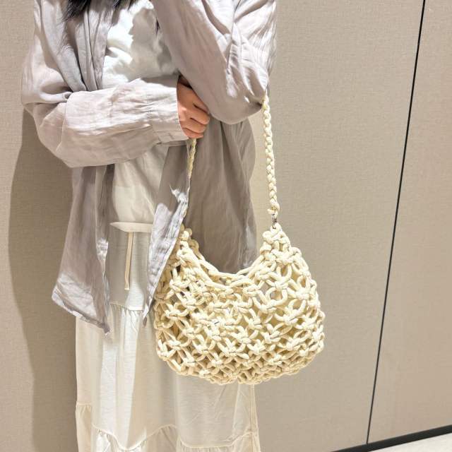 Summer Solid Color Beach Handbag Hollow Shoulder Bag Cotton Thread Woven Fishnet Underarm Bag