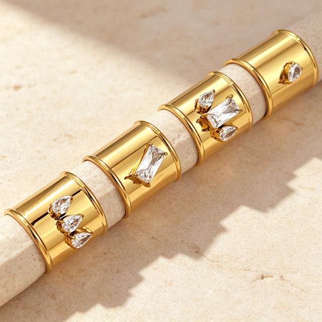Punk trend smooth surface cubic zircon inlaid stainless steel rings wide rings