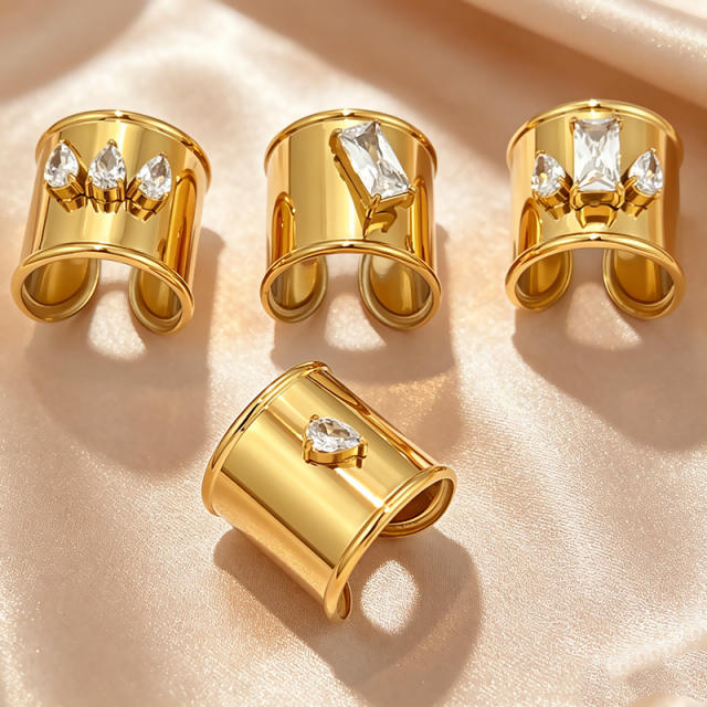 Punk trend smooth surface cubic zircon inlaid stainless steel rings wide rings