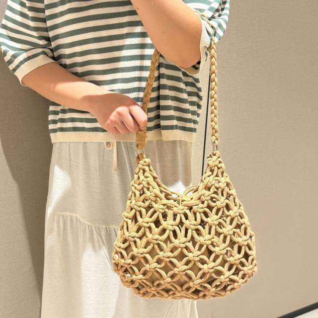 Summer Solid Color Beach Handbag Hollow Shoulder Bag Cotton Thread Woven Fishnet Underarm Bag