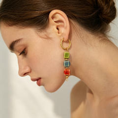 Holiday colorful ceramics square bead stainless steel earrings