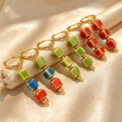 Holiday colorful ceramics square bead stainless steel earrings
