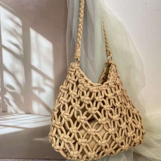 Summer Solid Color Beach Handbag Hollow Shoulder Bag Cotton Thread Woven Fishnet Underarm Bag