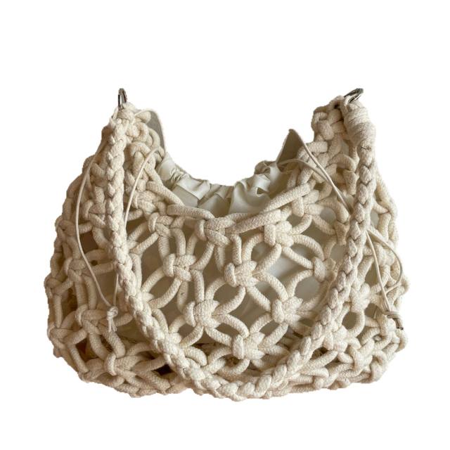 Summer Solid Color Beach Handbag Hollow Shoulder Bag Cotton Thread Woven Fishnet Underarm Bag