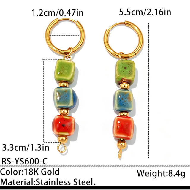 Holiday colorful ceramics square bead stainless steel earrings