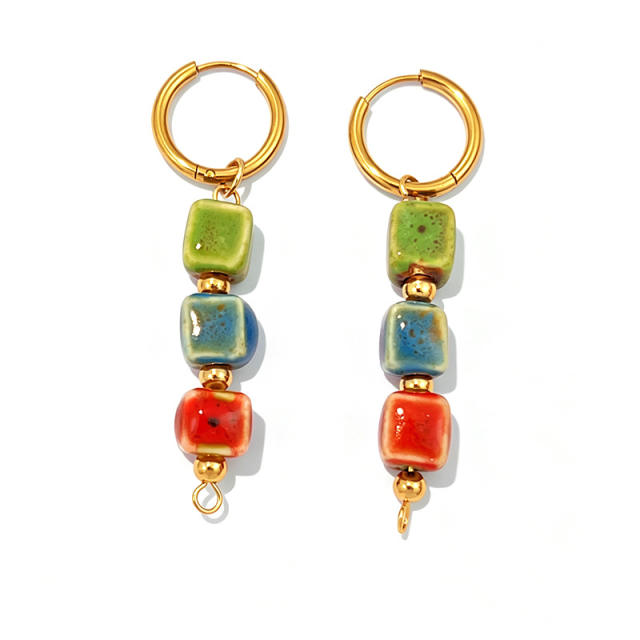 Holiday colorful ceramics square bead stainless steel earrings