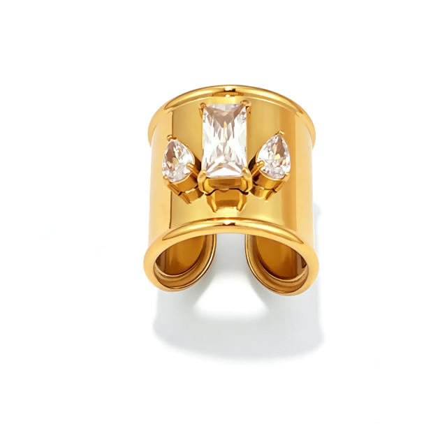 Punk trend smooth surface cubic zircon inlaid stainless steel rings wide rings