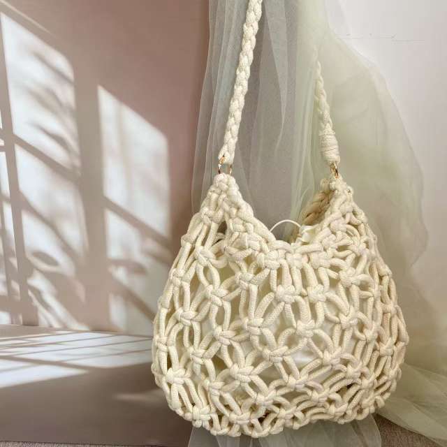 Summer Solid Color Beach Handbag Hollow Shoulder Bag Cotton Thread Woven Fishnet Underarm Bag