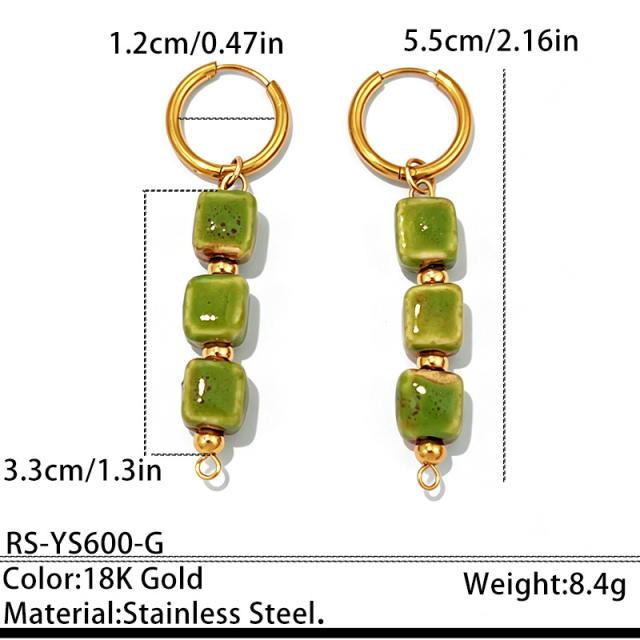 Holiday colorful ceramics square bead stainless steel earrings