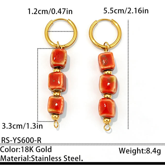 Holiday colorful ceramics square bead stainless steel earrings